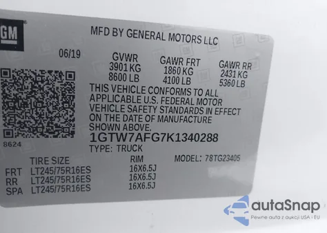 2019 GMC Savana 2500 Work Van z USA, uszkodzony, nr VIN 1GTW7AFG7K1340288